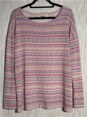 Haptics Women's Multicolor Crewneck Sweater - Pink & Cream Stripe